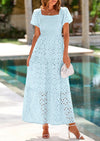 PRETTYGARDEN Dresses for Women Eyelet Square Neck Puff Sleeve Smocked Wedding Guest Maxi Dress with Pockets