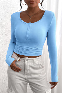 Long Sleeve Henley Button Down Ribbed Knit Slim Fit Casual T-shirts