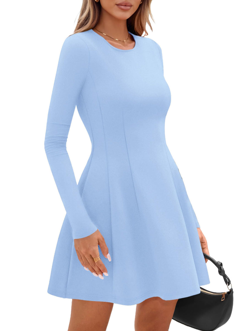 PRETTYGARDEN Long Sleeve Mini Dress for Women Fall Crewneck Knit Pleated Babydoll A Line Soft Casual Short Party Dresses PRETTYGARDEN