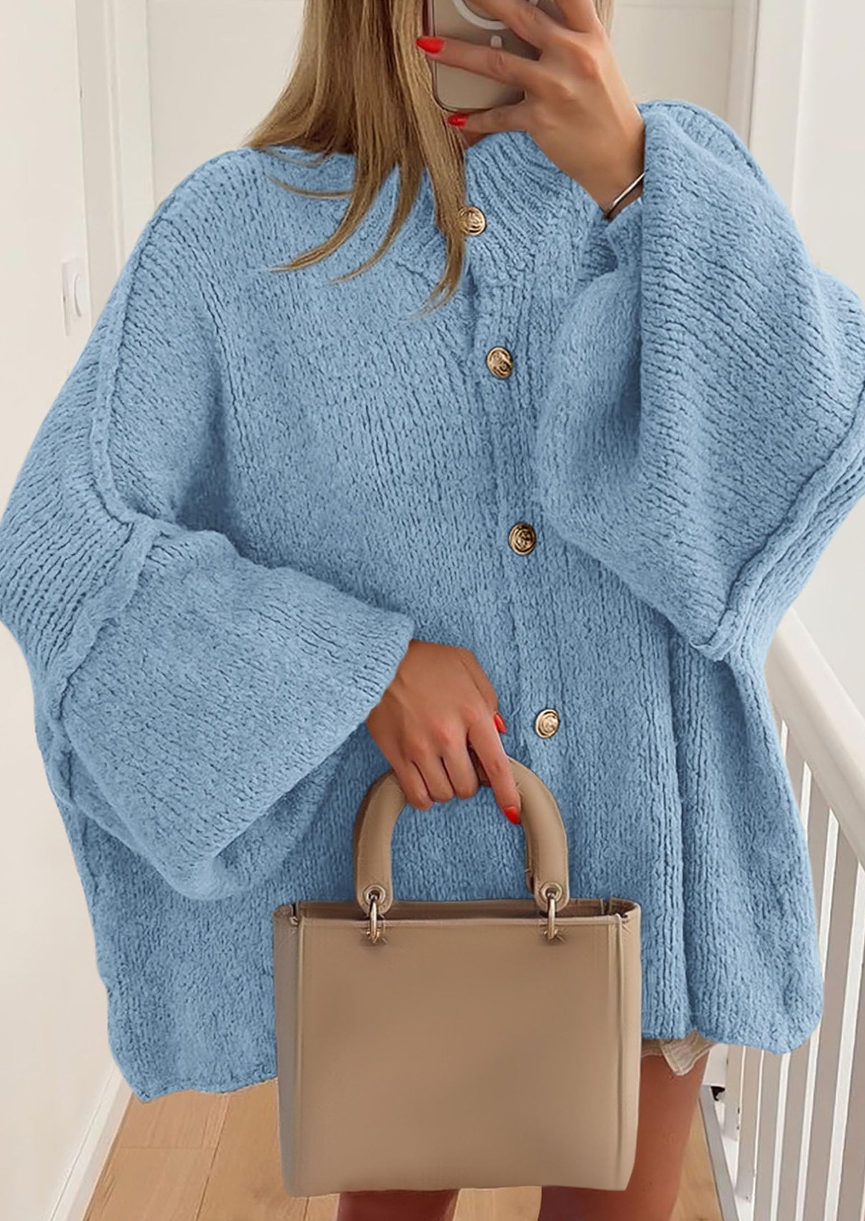 PRETTYGARDEN Women's Winter Button Down Cardigan Sweaters Mock Neck Lantern Long Sleeve Chunky Knit Jacket Trendy Outerwear