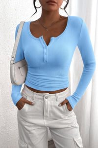 Long Sleeve Henley Button Down Ribbed Knit Slim Fit Casual T-shirts
