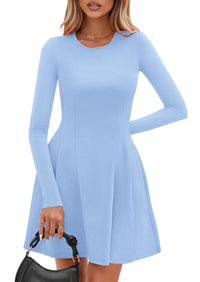 PRETTYGARDEN Long Sleeve Mini Dress for Women Fall Crewneck Knit Pleated Babydoll A Line Soft Casual Short Party Dresses PRETTYGARDEN