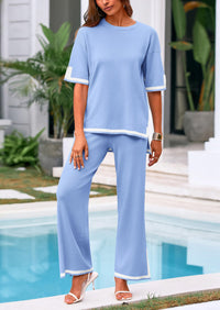 Casual Short Sleeve Knit Sweater Tops Wide Leg Pants 2 Piece Sets