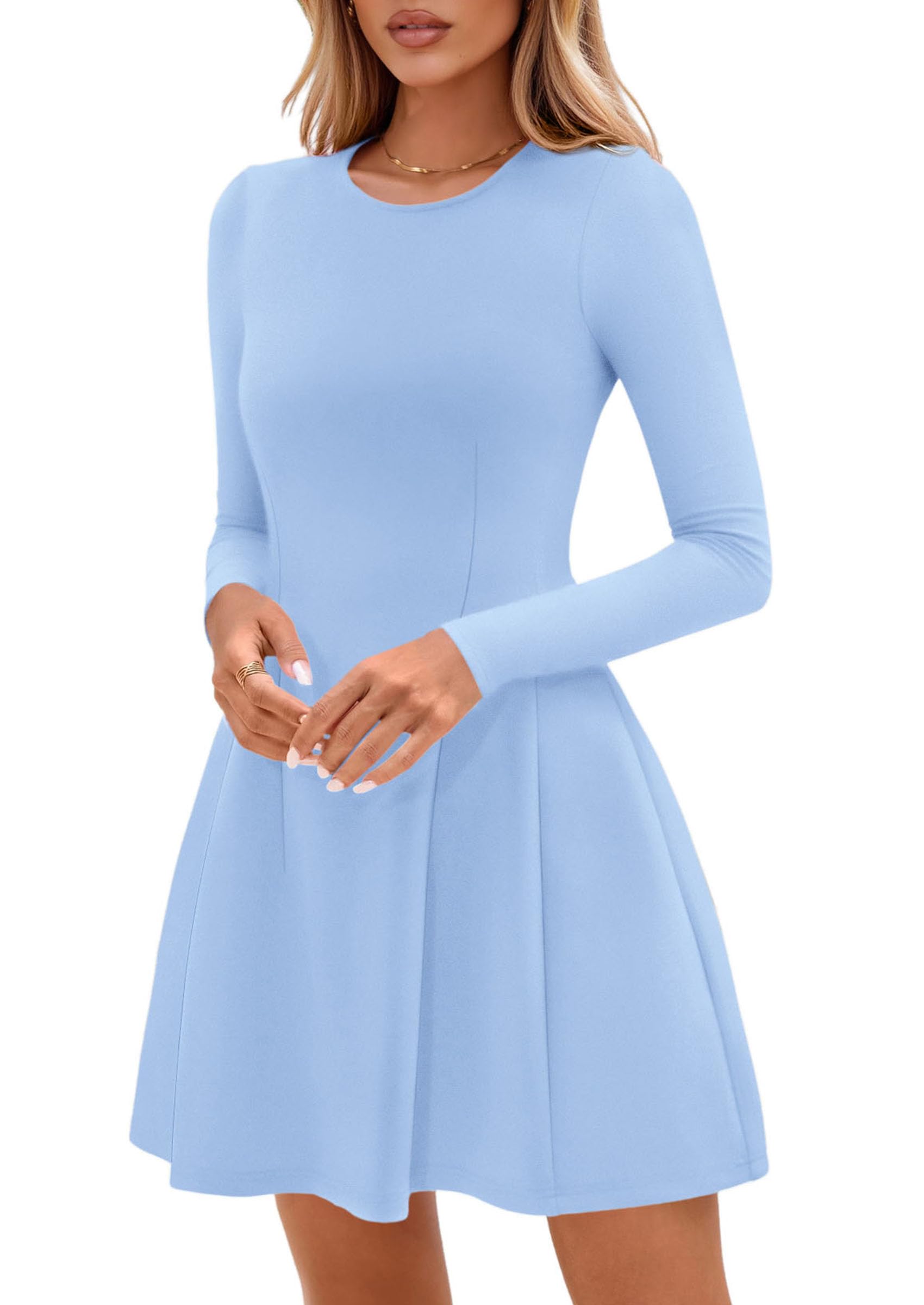 PRETTYGARDEN Long Sleeve Mini Dress for Women Fall Crewneck Knit Pleated Babydoll A Line Soft Casual Short Party Dresses PRETTYGARDEN