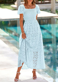 PRETTYGARDEN Dresses for Women Eyelet Square Neck Puff Sleeve Smocked Wedding Guest Maxi Dress with Pockets
