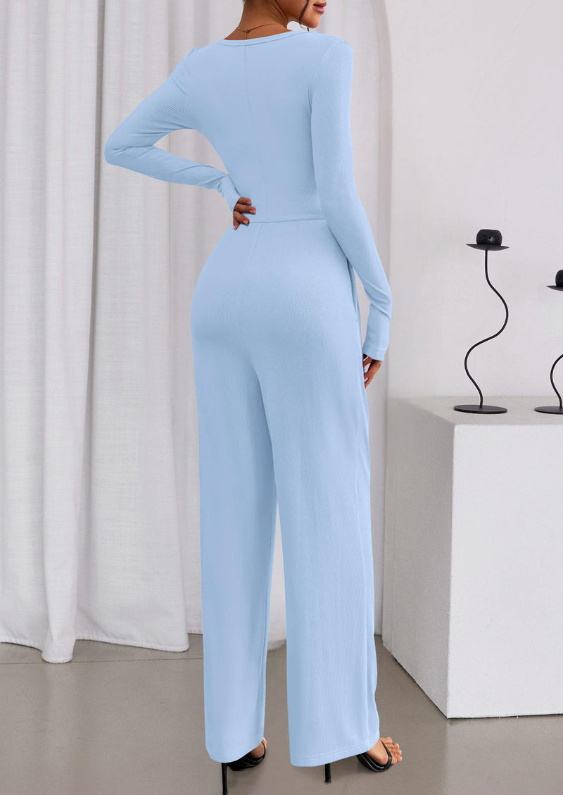PRETTYGARDEN Jumpsuits for Women Dressy Casual Fall One Piece Outfits Long Sleeve Crew Neck Wide Leg Pants Rompers
