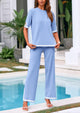 Casual Short Sleeve Knit Sweater Tops Wide Leg Pants 2 Piece Sets