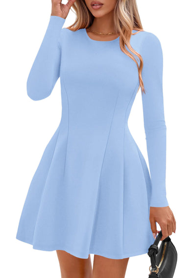 PRETTYGARDEN Long Sleeve Mini Dress for Women Fall Crewneck Knit Pleated Babydoll A Line Soft Casual Short Party Dresses PRETTYGARDEN