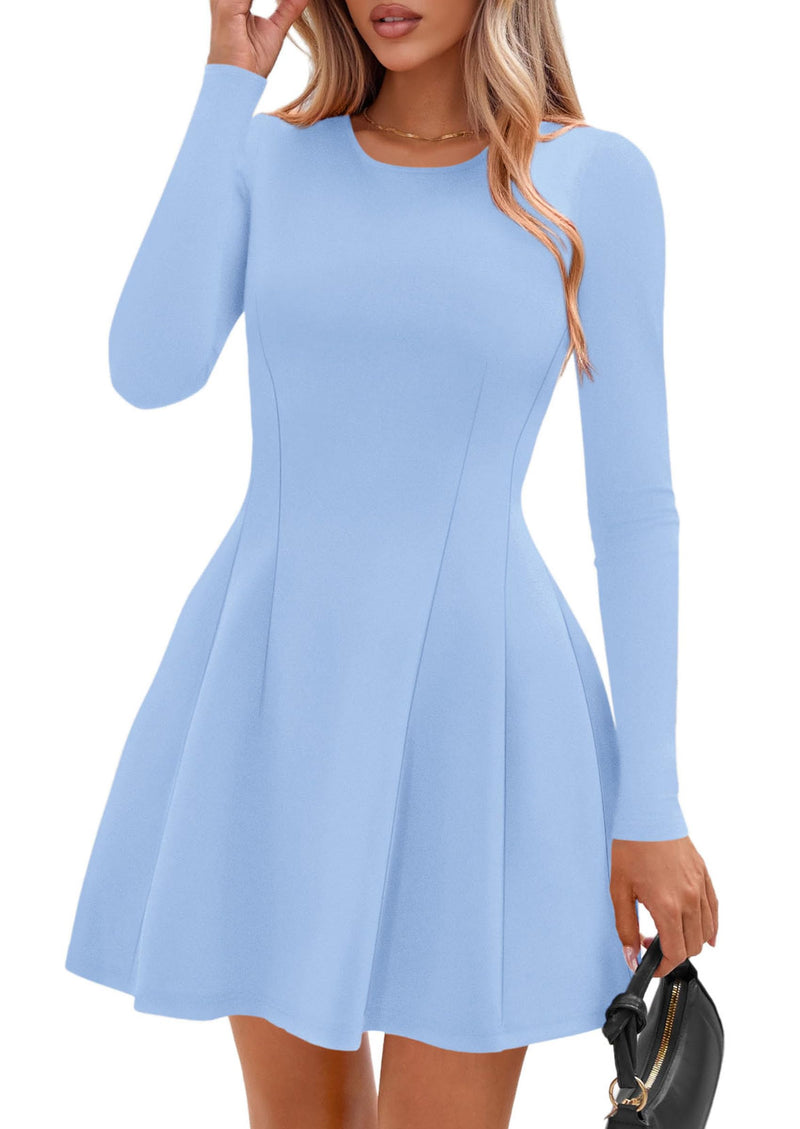 PRETTYGARDEN Long Sleeve Mini Dress for Women Fall Crewneck Knit Pleated Babydoll A Line Soft Casual Short Party Dresses PRETTYGARDEN