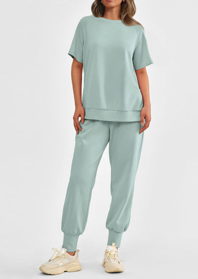 PRETTYGARDEN 2 Piece Outfit Tracksuits Casual Short Sleeve Tops High Waisted Sweatpants Set