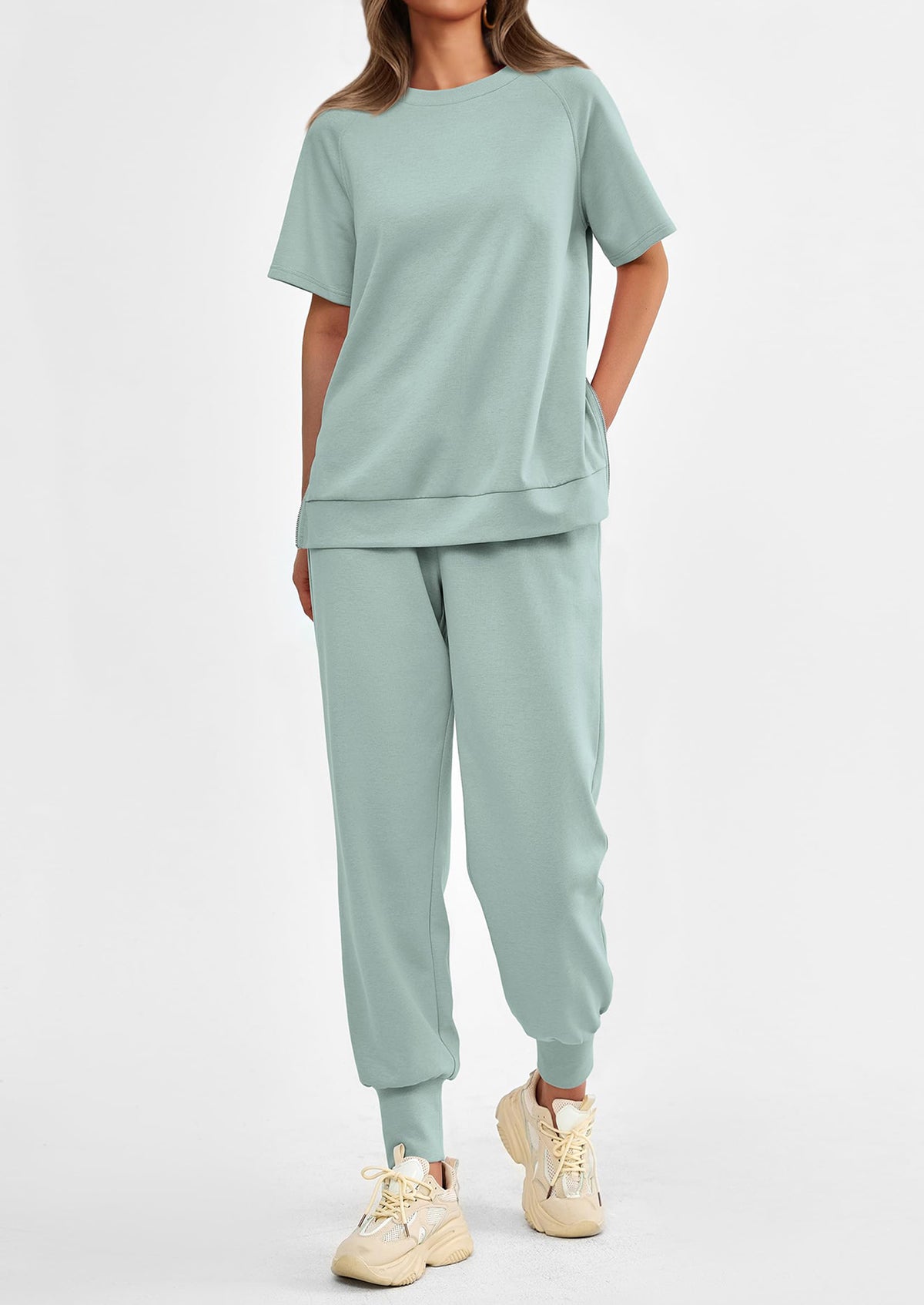Casual Short Sleeve Tops High Waisted Sweatpants Two Piece Sets