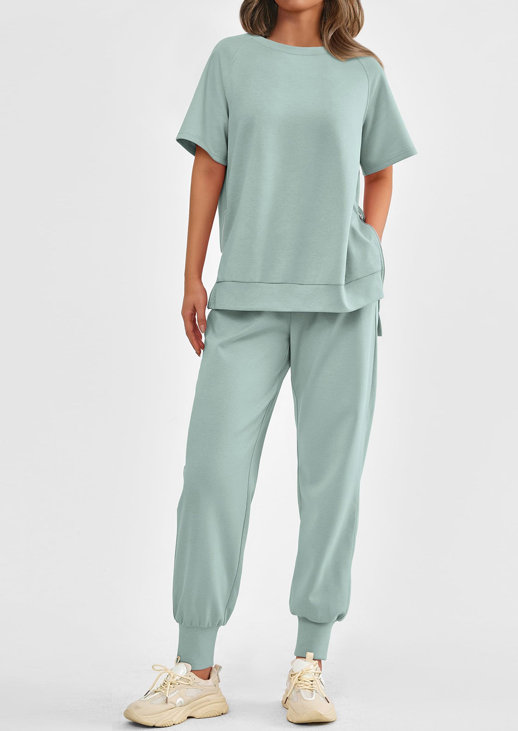PRETTYGARDEN 2 Piece Outfit Tracksuits Casual Short Sleeve Tops High Waisted Sweatpants Set