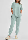 PRETTYGARDEN 2 Piece Outfit Tracksuits Casual Short Sleeve Tops High Waisted Sweatpants Set