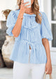 Striped Round Neck Front, Lace Up Bubble Sleeves Tops