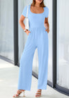 PRETTYGARDEN Casual Short Sleeve Square Neck Wide Leg Jumpsuit Rompers