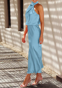 Satin sleeveless stand up collar party long dress