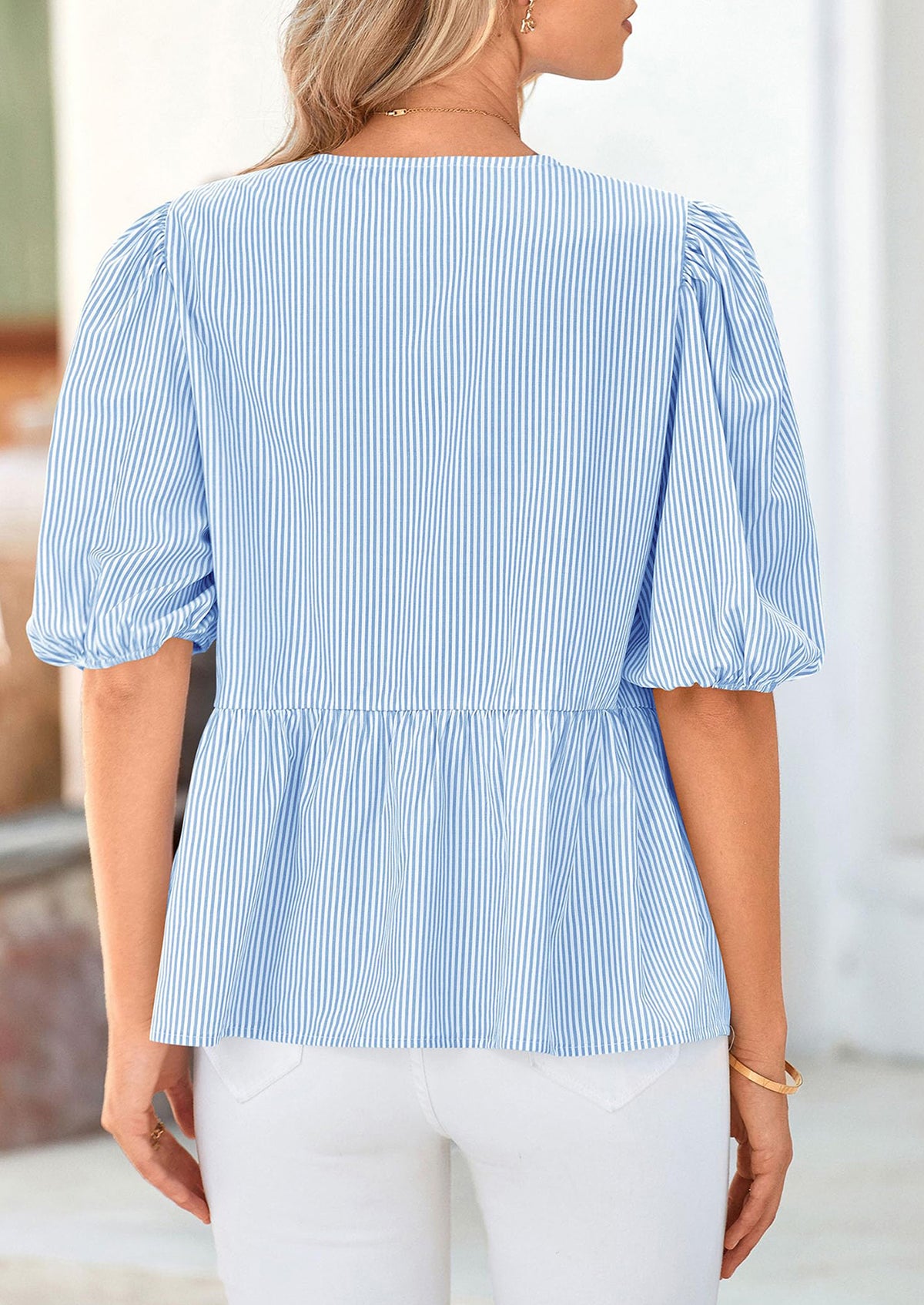 Striped Round Neck Front, Lace Up Bubble Sleeves Tops