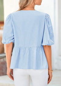 Striped Round Neck Front, Lace Up Bubble Sleeves Tops