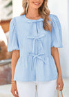 PRETTYGARDEN Women's Tie Front Striped Shirt Summer Trendy Fashion Cute Babydoll Tops Peplum Puffy Sleeve Blouse