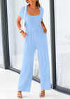 PRETTYGARDEN Casual Short Sleeve Square Neck Wide Leg Jumpsuit Rompers