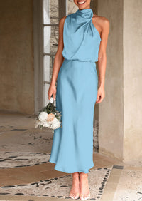Satin sleeveless stand up collar party long dress