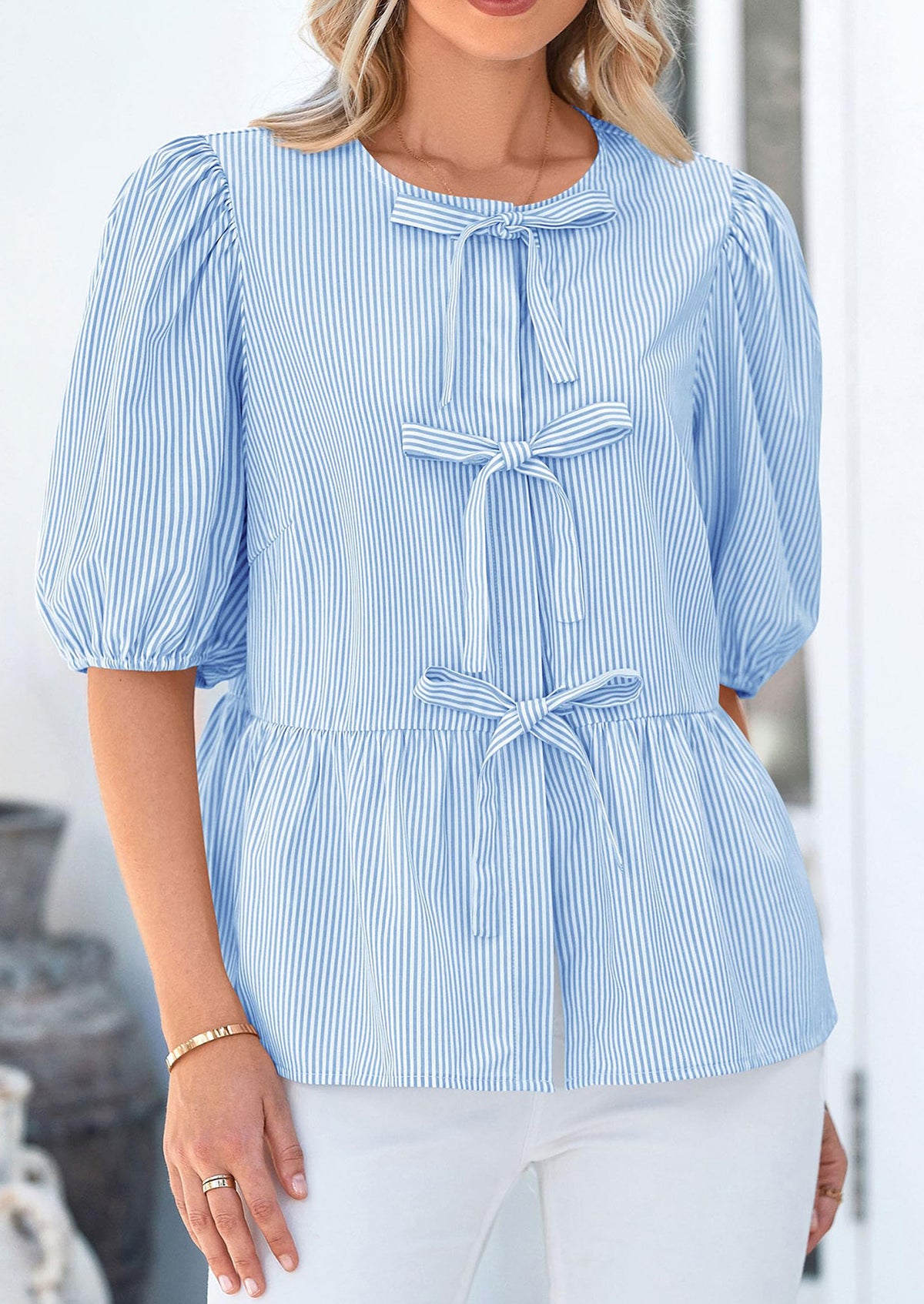 Striped Round Neck Front, Lace Up Bubble Sleeves Tops
