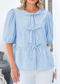 Striped Round Neck Front, Lace Up Bubble Sleeves Tops