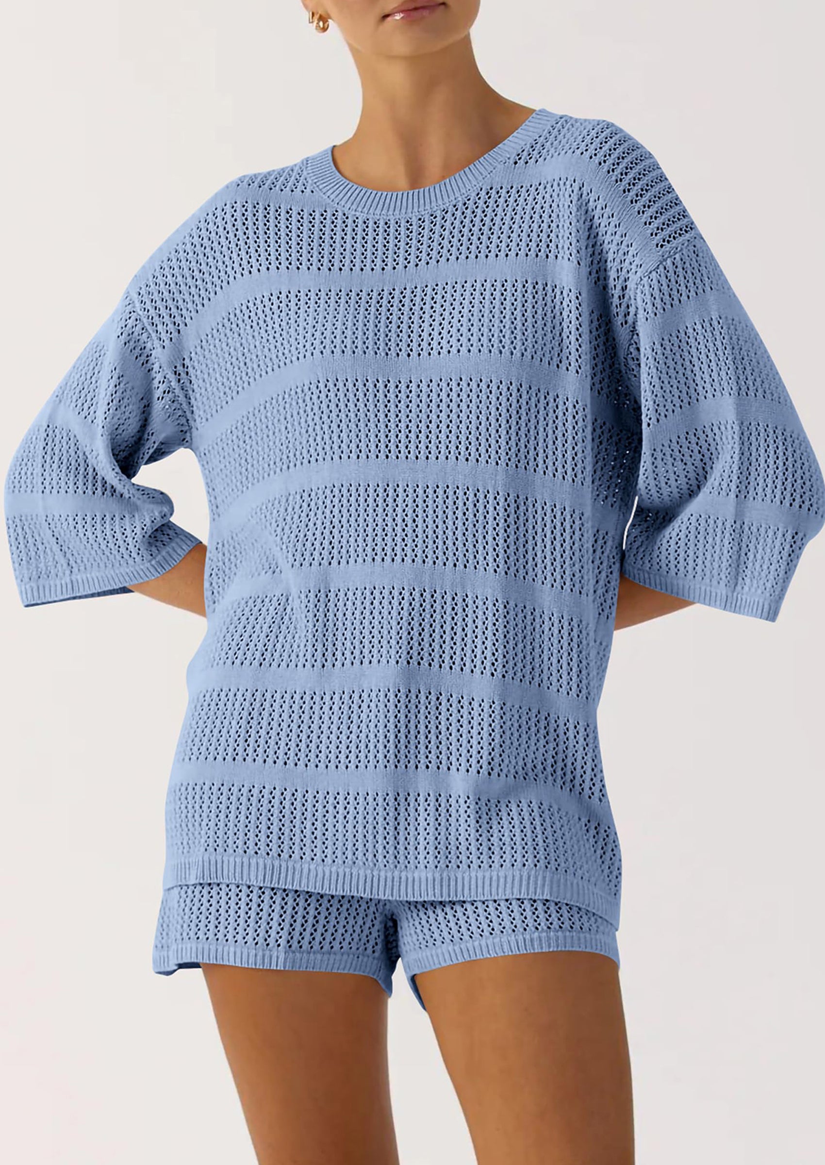 PRETTYGARDEN Women's Summer 2 Piece Cover up Knit Swimsuit Short Sleeve Tops Shorts Sets Bathing Suit Beach Outfits