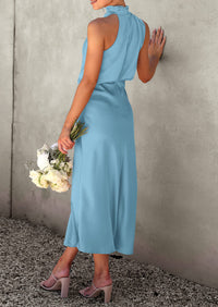 Satin sleeveless stand up collar party long dress