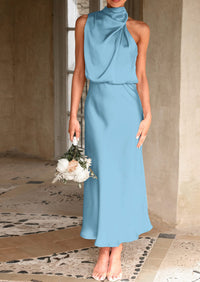 Satin sleeveless stand up collar party long dress