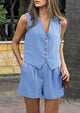 Button Down V Neck Vest Sleeveless Tops And Pockets Shorts 2 Piece Suits Sets