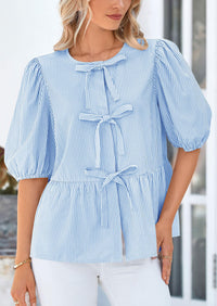 Striped Round Neck Front, Lace Up Bubble Sleeves Tops