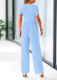 PRETTYGARDEN Casual Short Sleeve Square Neck Wide Leg Jumpsuit Rompers