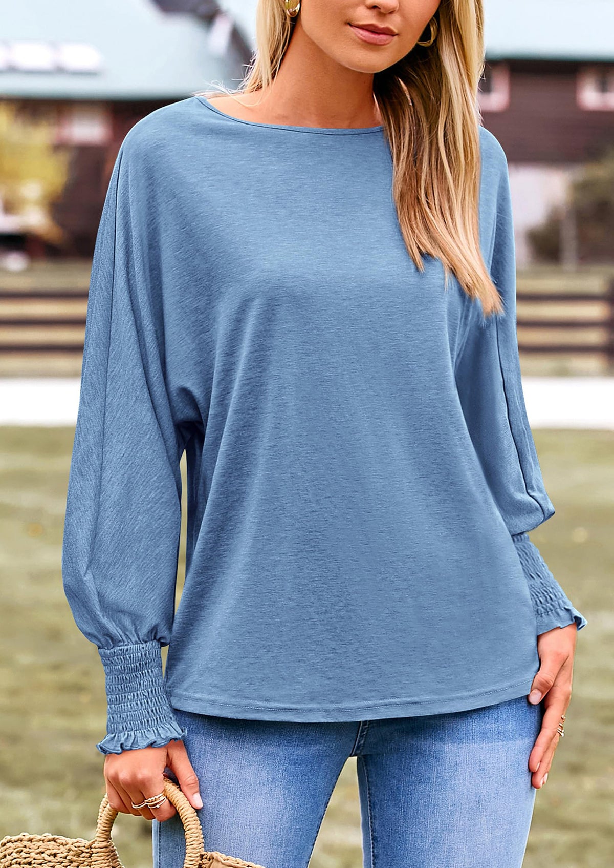 Puff Long Sleeve Crew neck Casual Basic T-shirts