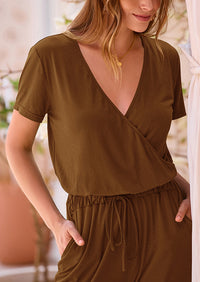Deep V Neck Wrap Drawstring Waist Jumpsuits
