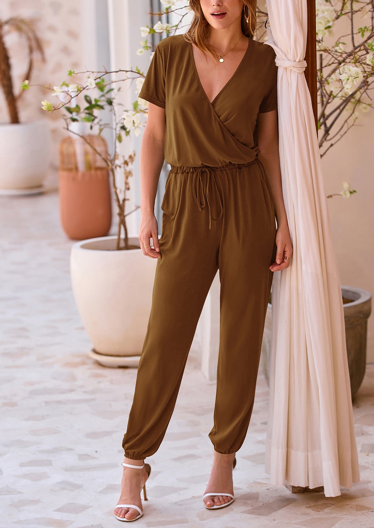 Deep V Neck Wrap Drawstring Waist Jumpsuits
