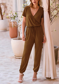 Deep V Neck Wrap Drawstring Waist Jumpsuits