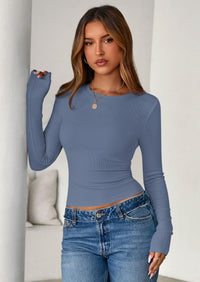 PRETTYGARDEN Womens Summer Fall Long Sleeve Shirts Ribbed Knit Fitted Basic Tee Going Out Tops Underscrub Casual Outfits