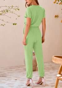 Deep V Neck Wrap Drawstring Waist Jumpsuits