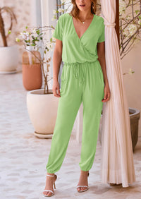 Deep V Neck Wrap Drawstring Waist Jumpsuits