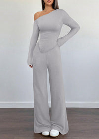 PRETTYGARDEN Casual Two Piece Sets for Women Fall Outfits Asymmetrical Off Shoulder Tops Wide Leg Pants Knit Lounge Set