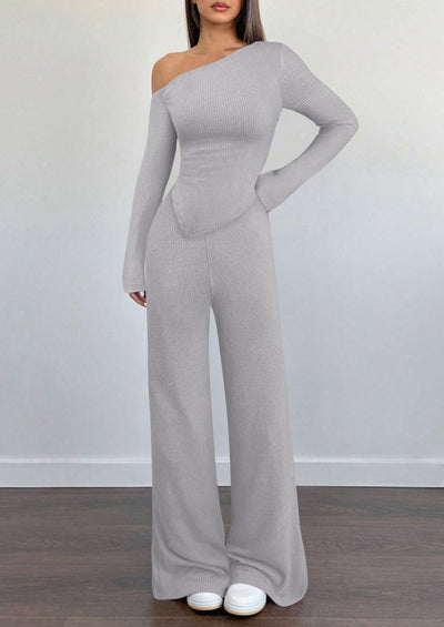 PRETTYGARDEN Casual Two Piece Sets for Women Fall Outfits Asymmetrical Off Shoulder Tops Wide Leg Pants Knit Lounge Set