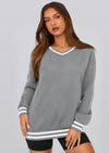 PRETTYGARDEN Women's Oversized Sweatshirts Casual Long Sleeve Stripes Knit V Neck Pullover Top Fall Teens Preppy Clothes