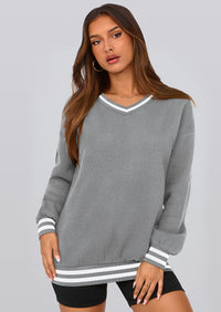 PRETTYGARDEN Women's Oversized Sweatshirts Casual Long Sleeve Stripes Knit V Neck Pullover Top Fall Teens Preppy Clothes