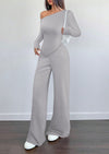 PRETTYGARDEN Casual Two Piece Sets for Women Fall Outfits Asymmetrical Off Shoulder Tops Wide Leg Pants Knit Lounge Set