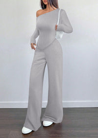 PRETTYGARDEN Casual Two Piece Sets for Women Fall Outfits Asymmetrical Off Shoulder Tops Wide Leg Pants Knit Lounge Set