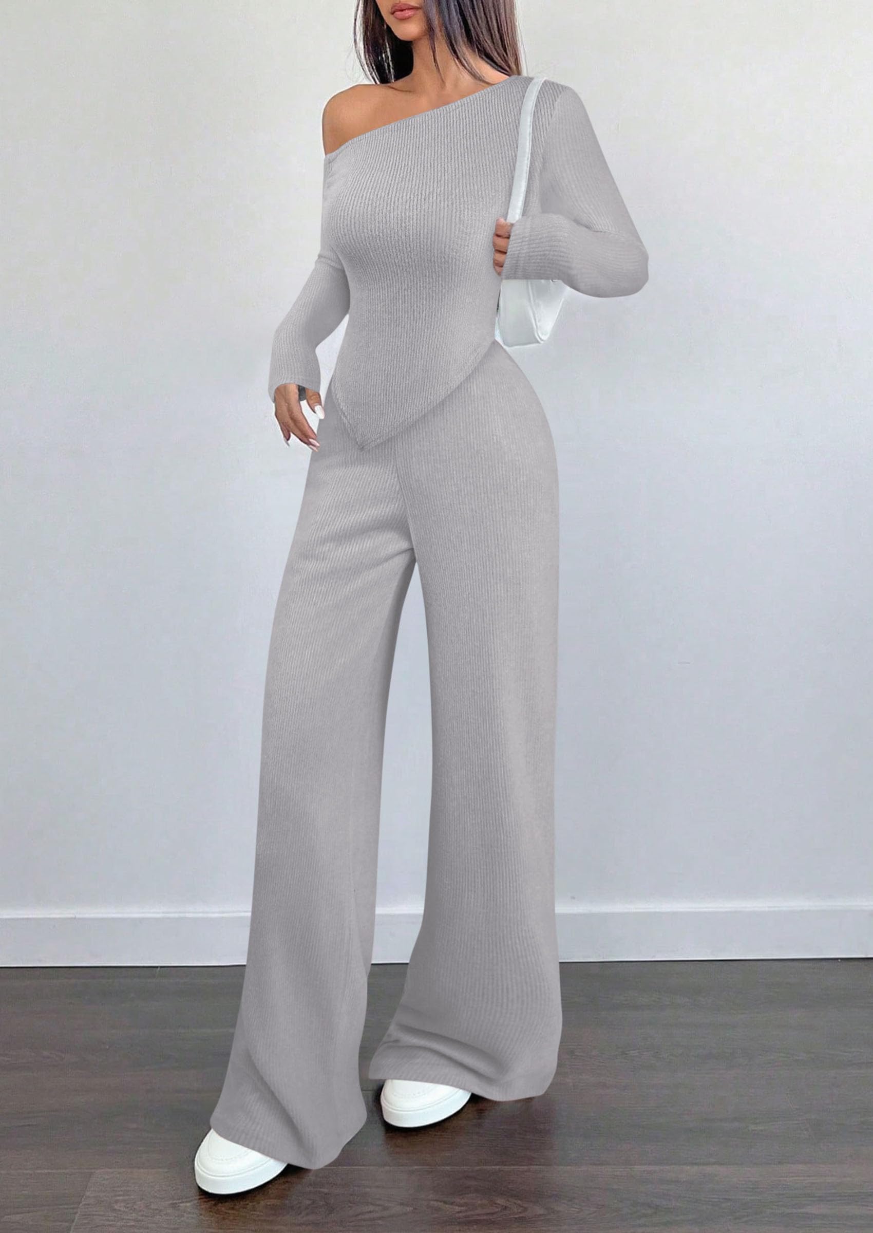 PRETTYGARDEN Casual Two Piece Sets for Women Fall Outfits Asymmetrical Off Shoulder Tops Wide Leg Pants Knit Lounge Set