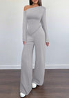 PRETTYGARDEN Casual Two Piece Sets for Women Fall Outfits Asymmetrical Off Shoulder Tops Wide Leg Pants Knit Lounge Set