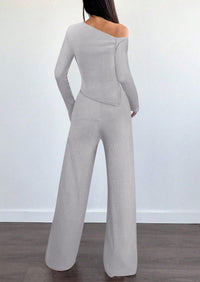 PRETTYGARDEN Casual Two Piece Sets for Women Fall Outfits Asymmetrical Off Shoulder Tops Wide Leg Pants Knit Lounge Set