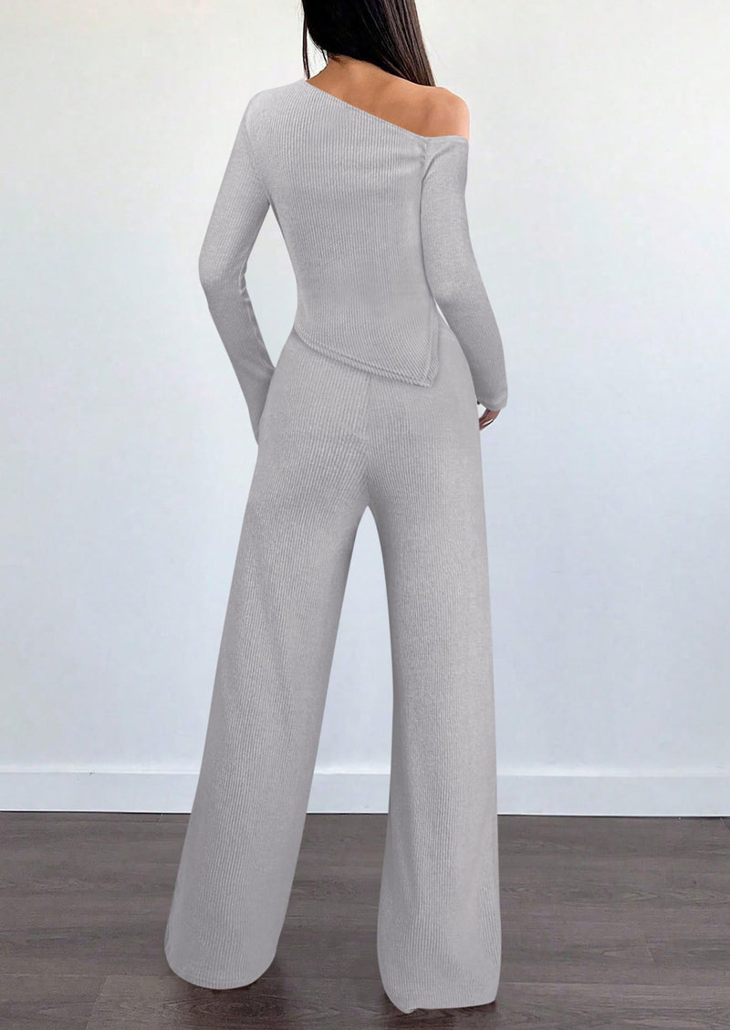 PRETTYGARDEN Casual Two Piece Sets for Women Fall Outfits Asymmetrical Off Shoulder Tops Wide Leg Pants Knit Lounge Set